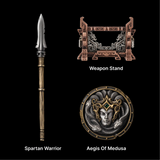 Miniature spear, round Medusa shield and weapon rack on a black background