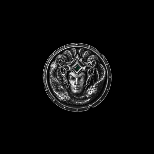 Aegis of Medusa shield against a black background