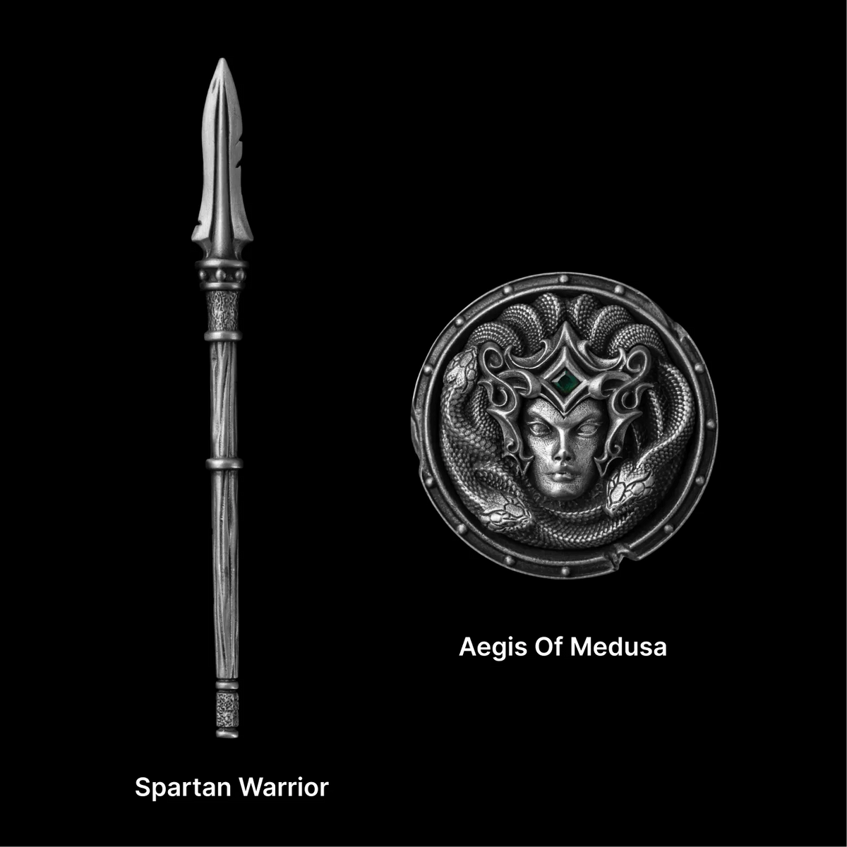 Spartan Dory spear and Aegis of Medusa shield against black