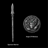 Spartan Dory spear and Aegis of Medusa shield against black