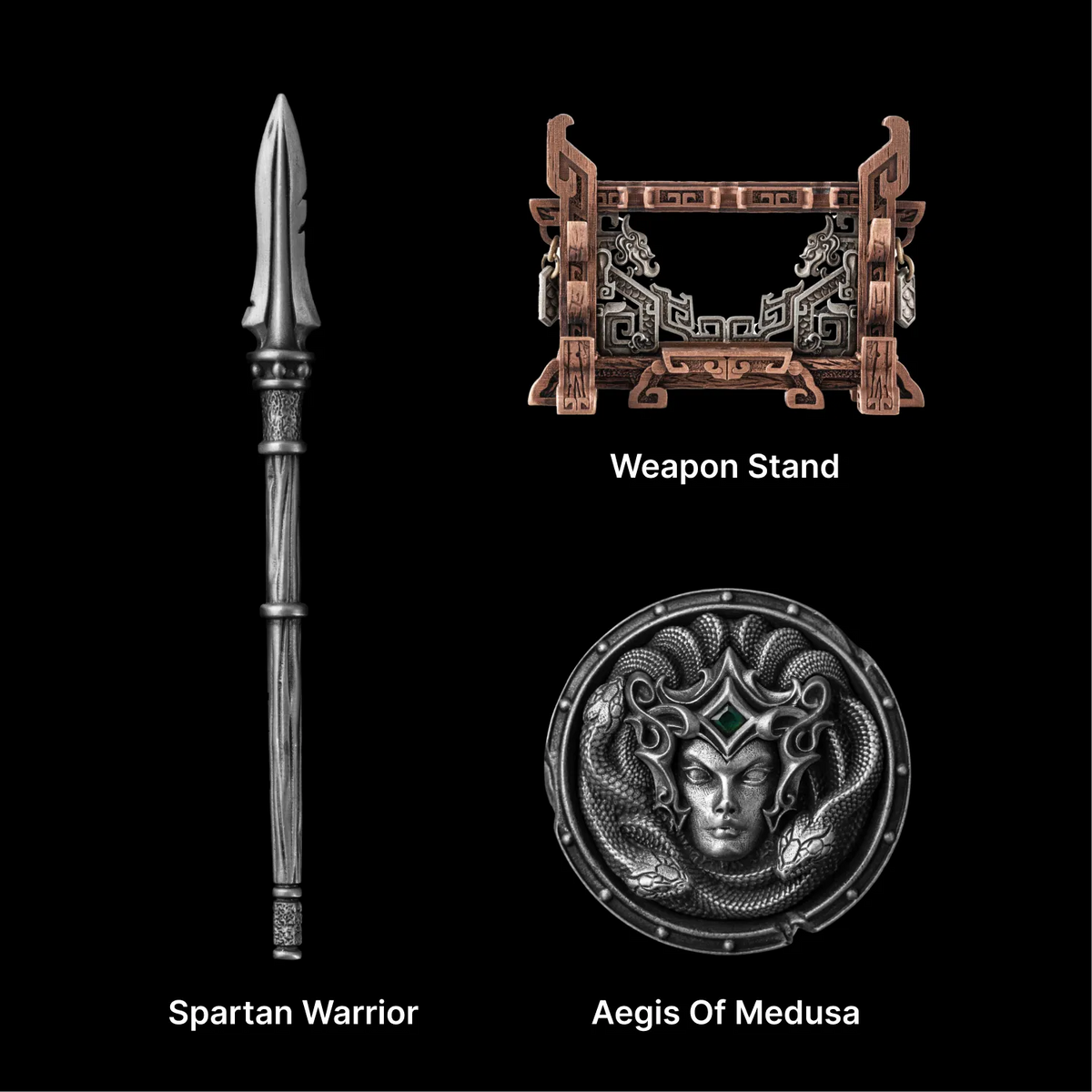 Spartan Dory spear, Aegis of Medusa shield and Weapon Stand against black