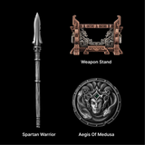 Spartan Dory spear, Aegis of Medusa shield and Weapon Stand against black
