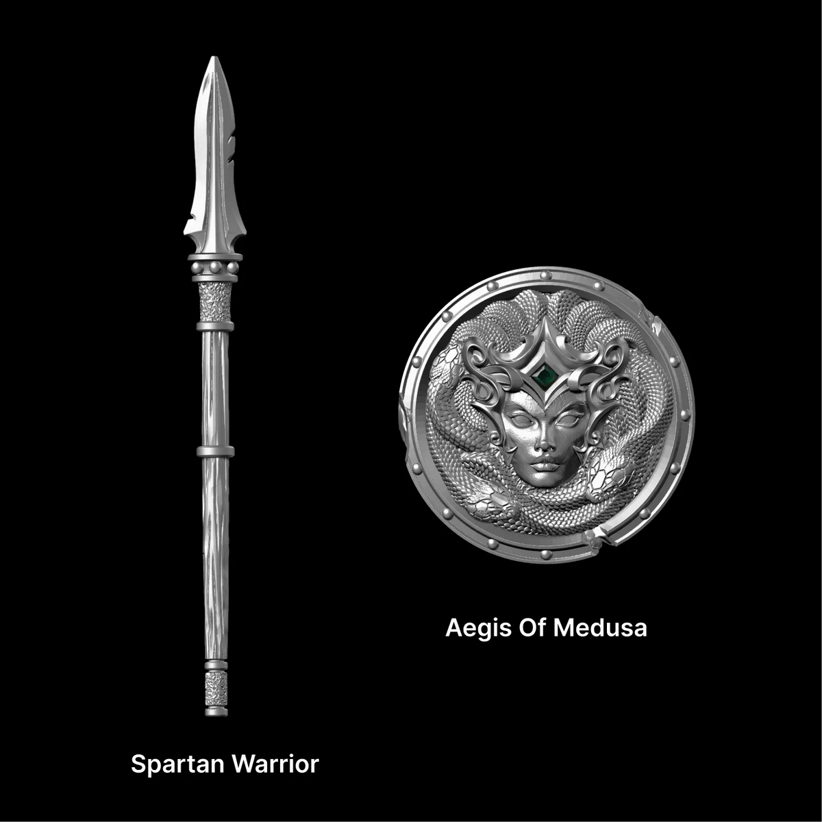 Spartan Dory spear and Aegis of Medusa shield against black