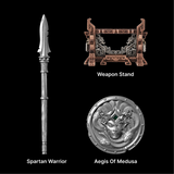 Spartan Dory spear, Aegis of Medusa shield and Weapon Stand against black