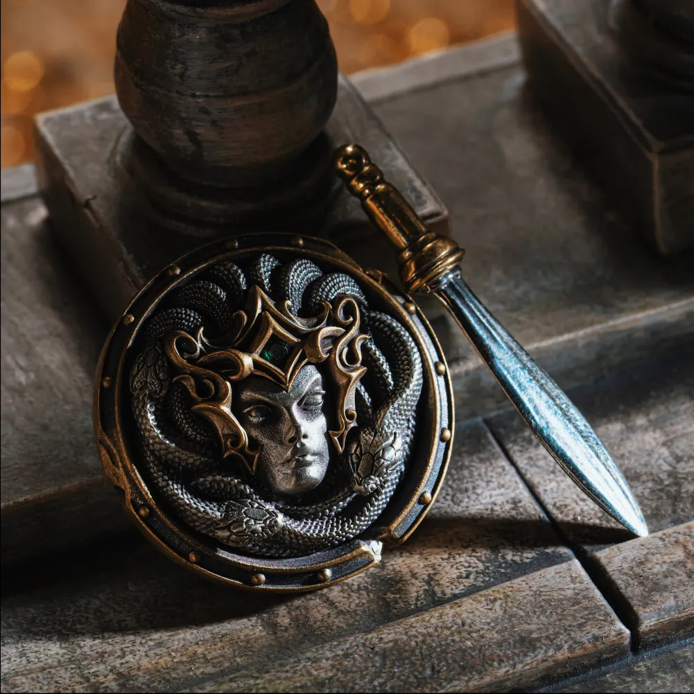 Round Aegis of Medusa shield on stone