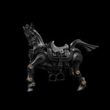 Heroic Steed horse figure with saddle against a black background