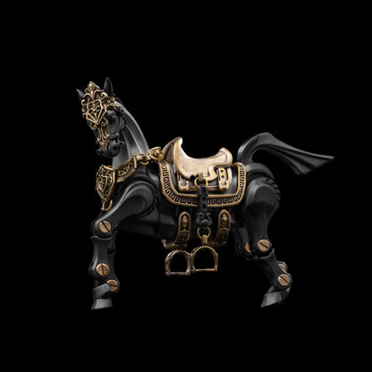 Heroic Steed horse figure with saddle against a black background