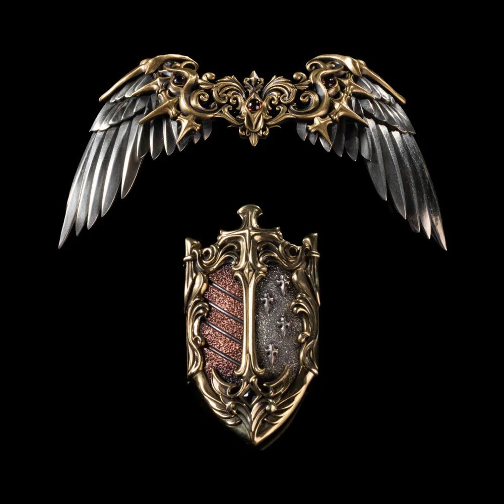 Wing-shaped miniature accessory above an ornate shield on a black background