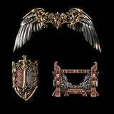 Wing-shaped miniature accessory, ornate shield and weapon rack on a black background