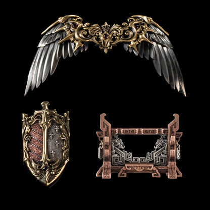 Wing-shaped miniature accessory, ornate shield and weapon rack on a black background