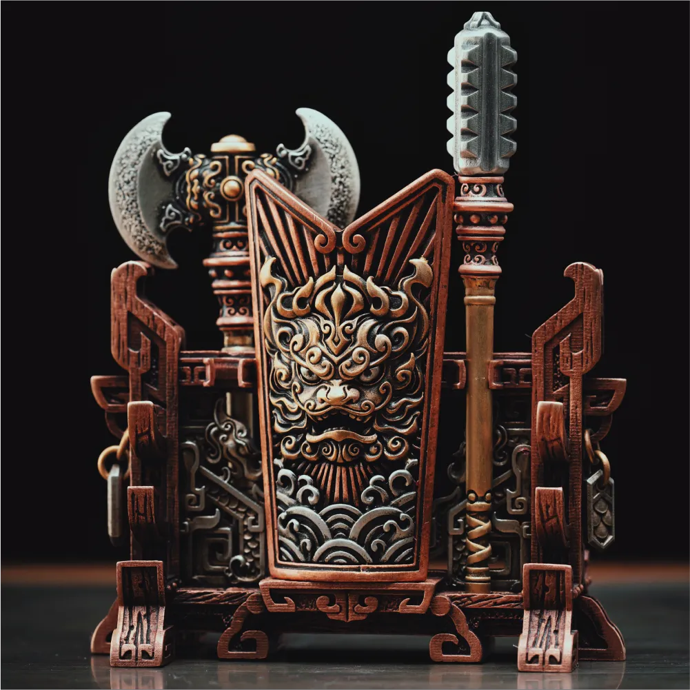 Weapon Stand displayed with a shield and miniature weapons