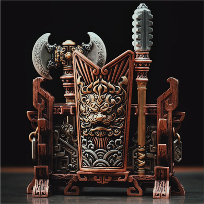 Weapon Stand displayed with a shield and miniature weapons