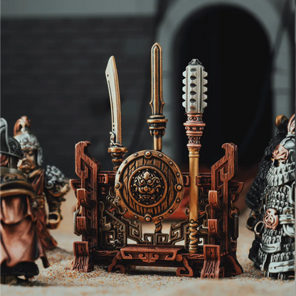 Weapon Stand and miniature weapons displayed with armored figures