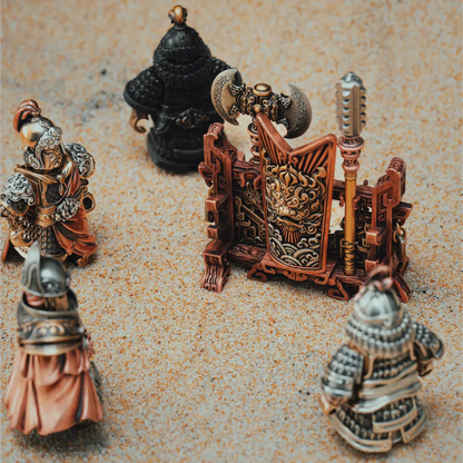 Weapon Stand and miniature weapons displayed with armored figures