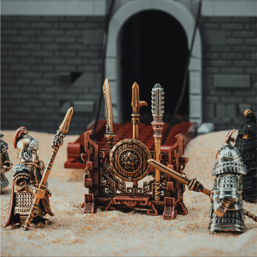 Weapon Stand and miniature weapons displayed with armored figures