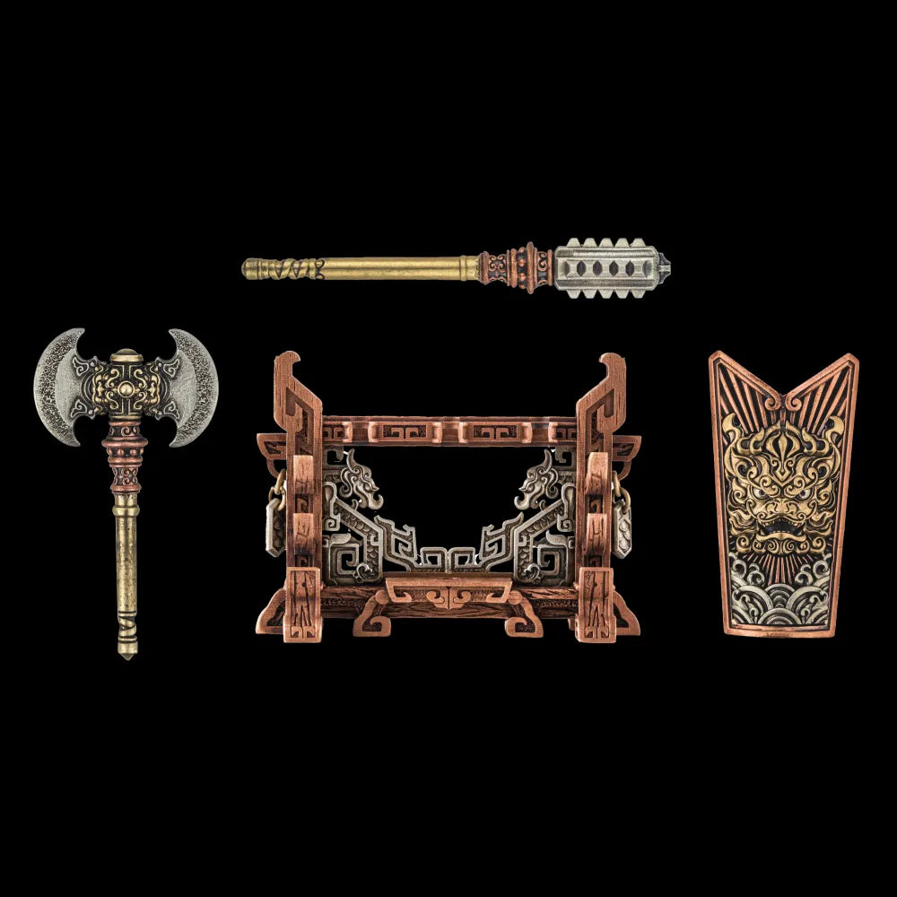 Weapon Stand, shield, axe and club arranged against black