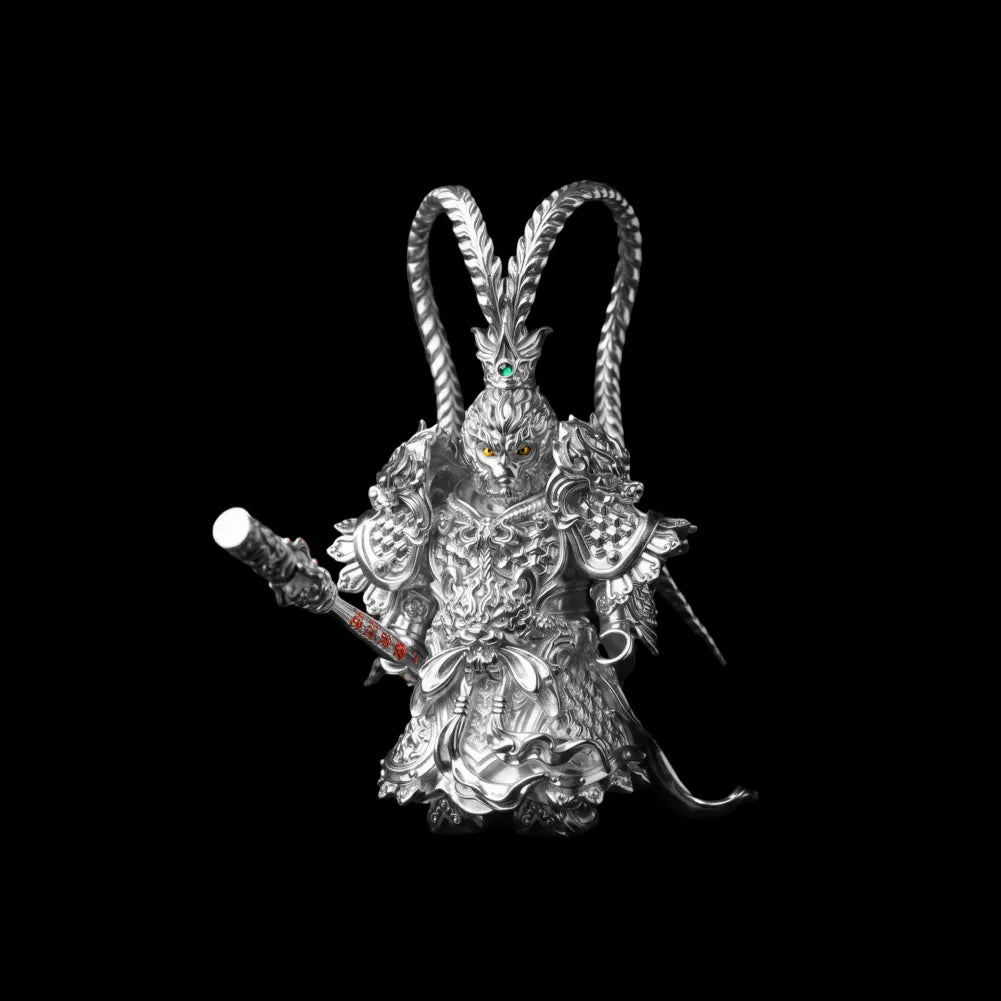 Wukong figure holding a staff against black