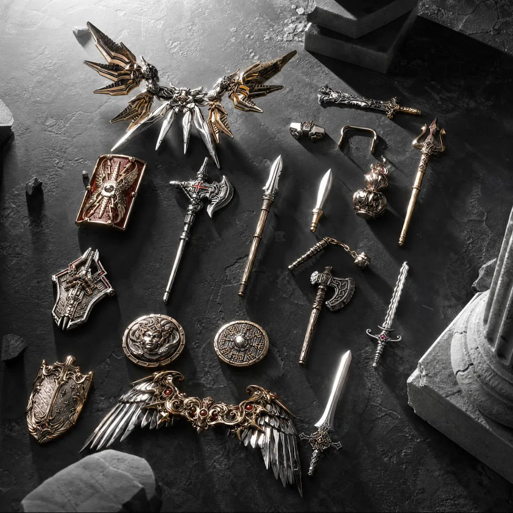 Miniature weapons, shields and wing ornaments arranged on stone