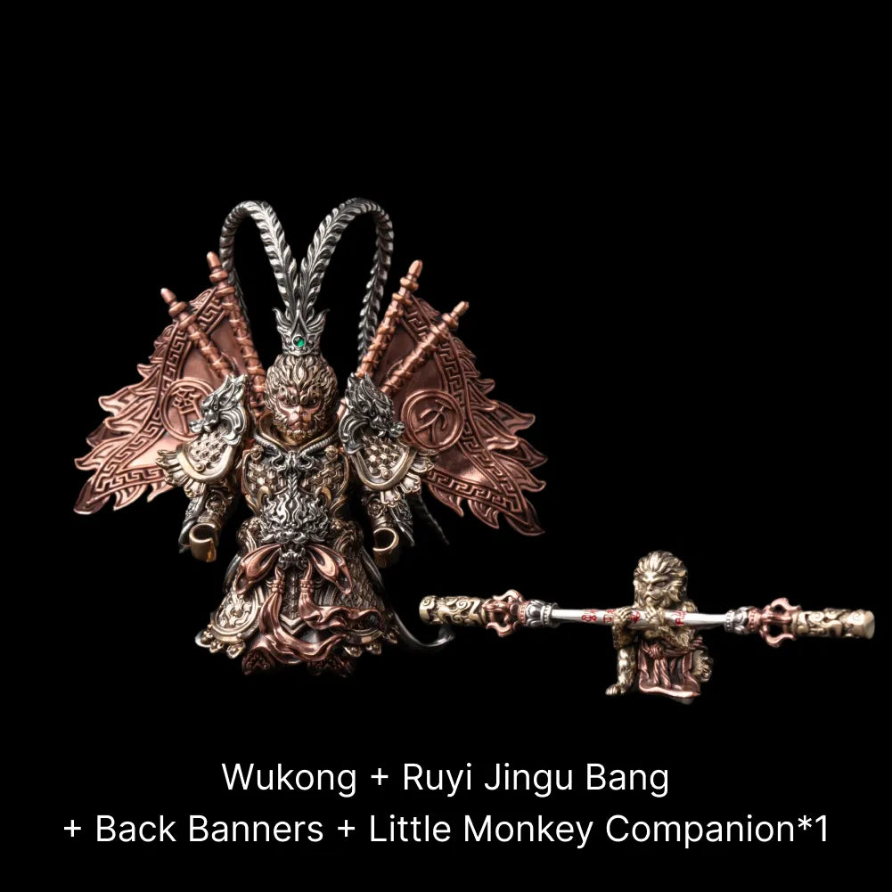 Wukong figure with back banners, staff and one small monkey figure