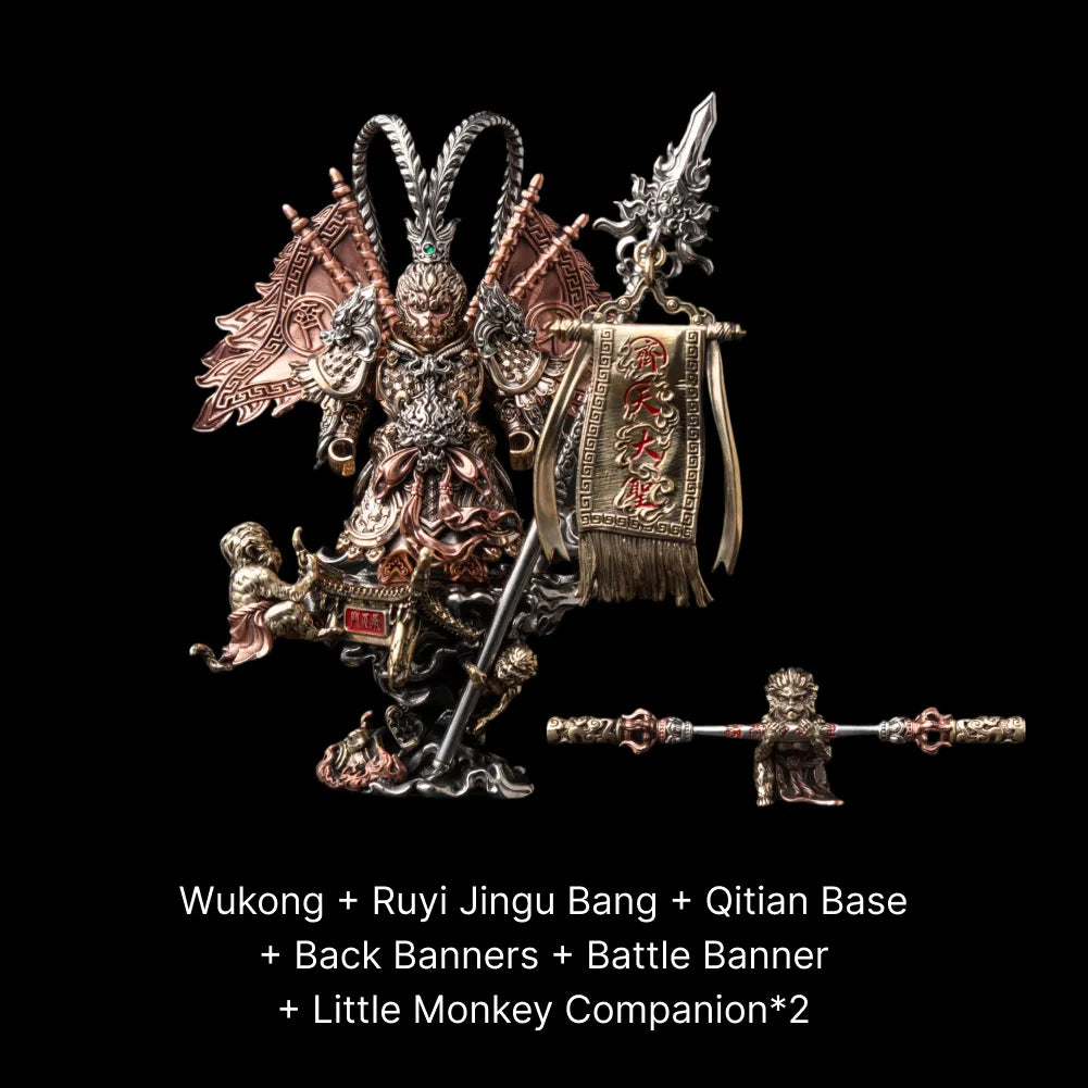 Wukong figure on a base with banners, staff and two small monkey figures