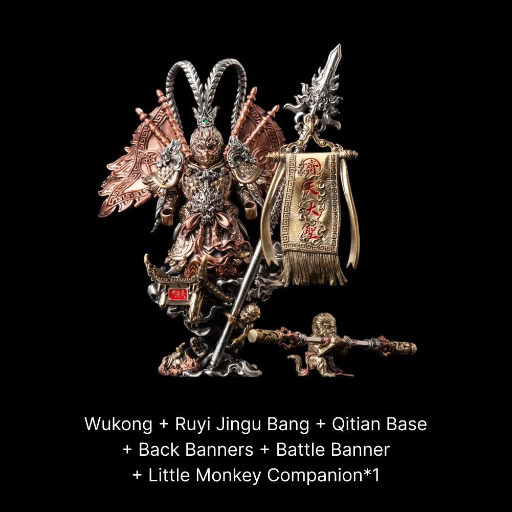 Wukong figure on a base with banners, staff and one small monkey figure