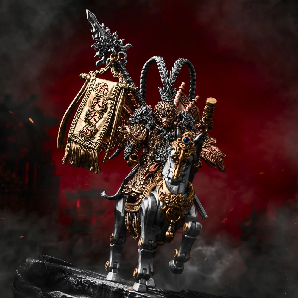 Wukong figure holding a banner in a red-lit scene