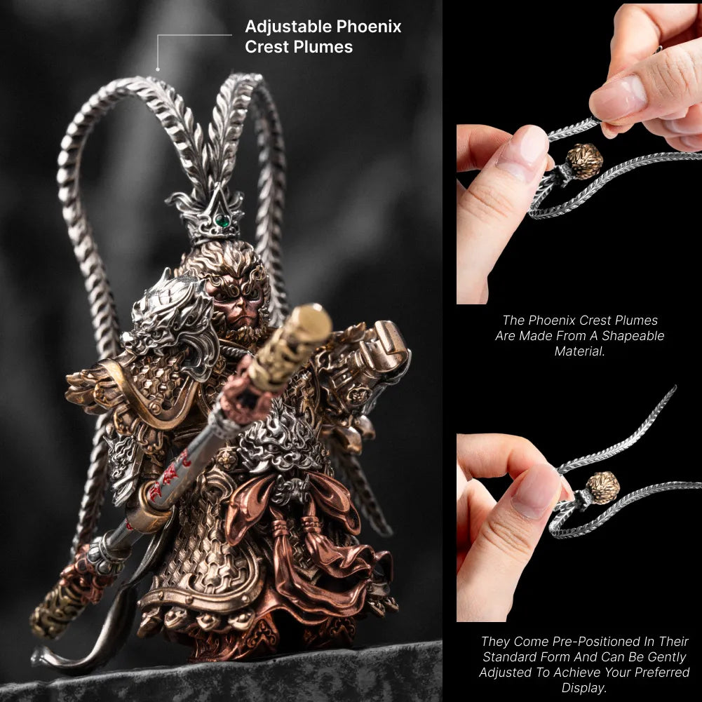 Hands adjusting the tall plumes on a Wukong figure