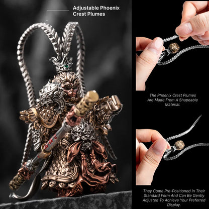 Hands adjusting the tall plumes on a Wukong figure