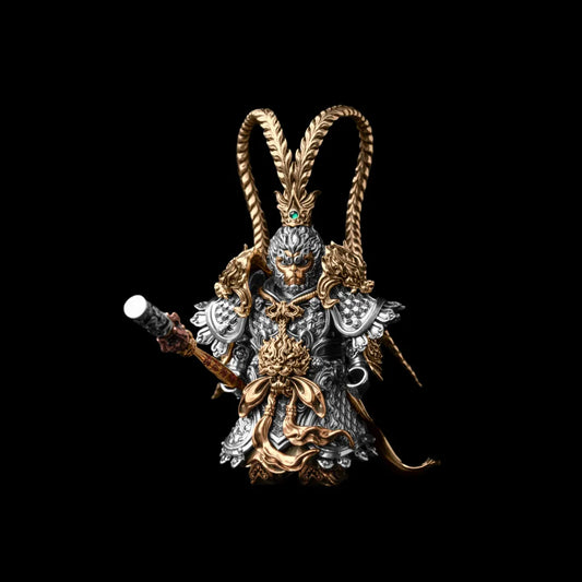 Wukong figure holding a staff against black
